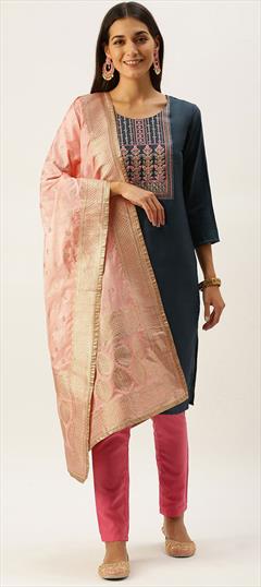 Party Wear Blue color Salwar Kameez in Art Silk fabric with Straight Embroidered work : 1812475