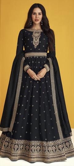 Bollywood, Festive, Party Wear Black and Grey color Salwar Kameez in Art Silk fabric with Anarkali Embroidered, Resham, Thread, Zari work : 1812566