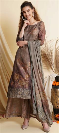 Casual, Party Wear Black and Grey color Salwar Kameez in Tussar Silk fabric with Palazzo, Straight Digital Print, Floral work : 1812636