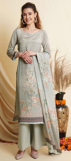 Festive, Party Wear Green color Salwar Kameez in Crepe Silk fabric with Palazzo, Straight Digital Print, Floral work : 1813601