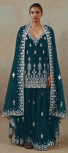 Festive, Party Wear Blue color Salwar Kameez in Georgette fabric with Palazzo Embroidered, Mirror, Thread work : 1813684