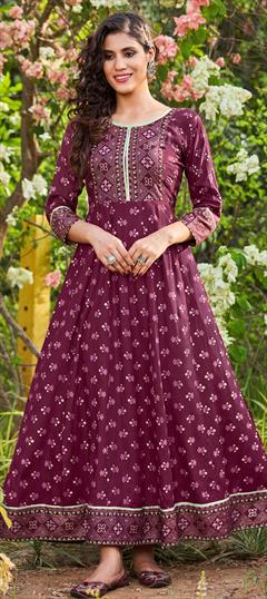 Party Wear Purple and Violet color Kurti in Rayon fabric with Anarkali, Long Sleeve Printed work : 1813727