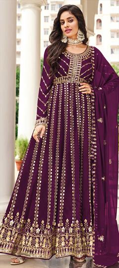 Mehendi Sangeet, Reception Purple and Violet color Salwar Kameez in Georgette fabric with Anarkali Embroidered, Sequence, Thread work : 1814058
