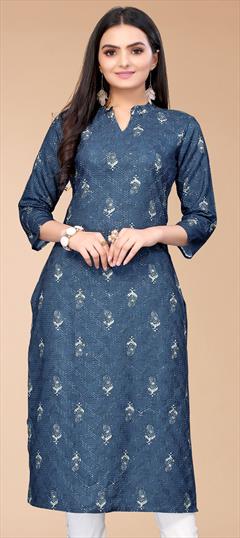 Casual Blue color Kurti in Cotton fabric with Long Sleeve, Straight Digital Print work : 1814119