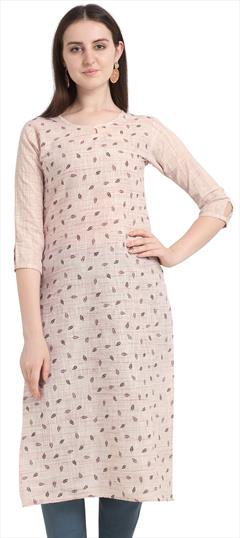 Casual Beige and Brown color Kurti in Cotton fabric with Long Sleeve, Straight Printed work : 1814173