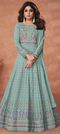 Bollywood Green color Salwar Kameez in Georgette fabric with Anarkali Embroidered, Resham, Thread, Zari work : 1814596