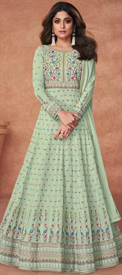 Bollywood Green color Salwar Kameez in Georgette fabric with Anarkali Embroidered, Resham, Thread, Zari work : 1814598
