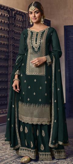 Festive, Party Wear Blue color Salwar Kameez in Chiffon fabric with Palazzo, Straight Embroidered, Mirror, Resham, Sequence, Thread work : 1815384