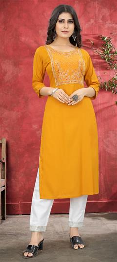 Casual Yellow color Tunic with Bottom in Rayon fabric with Embroidered, Sequence work : 1815988
