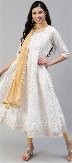Party Wear White and Off White color Salwar Kameez in Cotton fabric with Anarkali Printed work : 1821617