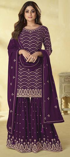 Bollywood Purple and Violet color Salwar Kameez in Georgette fabric with Sharara Embroidered, Mirror, Thread work : 1822002