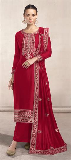 Party Wear, Reception Red and Maroon color Salwar Kameez in Dolla Silk fabric with Straight Embroidered, Sequence, Thread work : 1822009