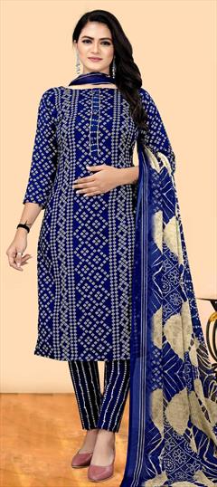 Casual Blue color Salwar Kameez in Cotton fabric with Straight Bandhej, Printed work : 1822031