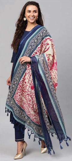 Casual, Party Wear Blue color Salwar Kameez in Cotton fabric with Straight Thread work : 1822621