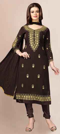 Festive, Party Wear Beige and Brown color Salwar Kameez in Georgette fabric with Churidar, Straight Embroidered, Resham, Thread work : 1823556