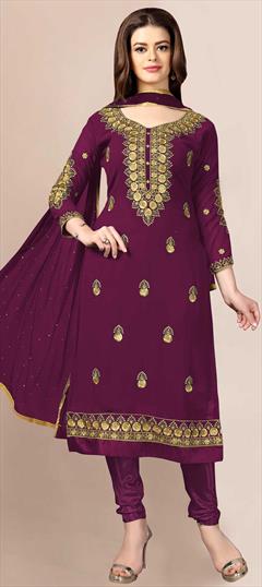 Festive, Party Wear Purple and Violet color Salwar Kameez in Georgette fabric with Churidar, Straight Embroidered, Resham, Thread work : 1823558