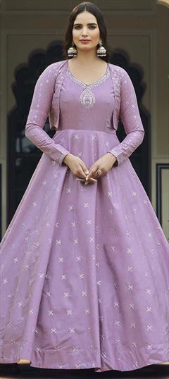 Festive, Party Wear Purple and Violet color Gown in Cotton fabric with Embroidered, Sequence, Thread work : 1825366