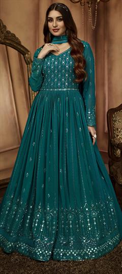 Mehendi Sangeet, Reception Blue color Gown in Georgette fabric with Embroidered, Sequence, Thread work : 1826099