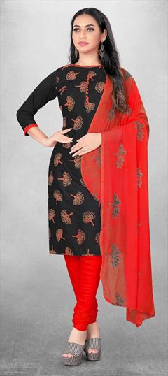Casual Black and Grey color Salwar Kameez in Cotton fabric with Churidar, Straight Printed work : 1830482