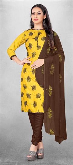 Casual Yellow color Salwar Kameez in Cotton fabric with Churidar, Straight Printed work : 1830484