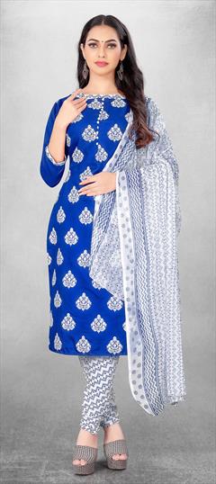 Casual Blue color Salwar Kameez in Cotton fabric with Churidar, Straight Printed work : 1830499