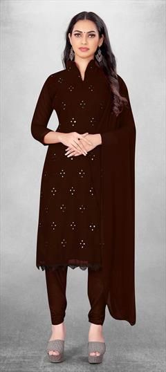 Casual Beige and Brown color Salwar Kameez in Georgette fabric with Churidar, Straight Embroidered, Thread work : 1830600