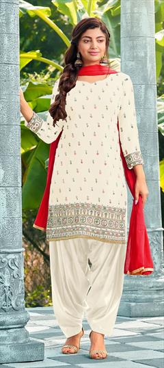 Festive, Party Wear White and Off White color Salwar Kameez in Faux Georgette fabric with Patiala Embroidered, Sequence, Thread work : 1832108