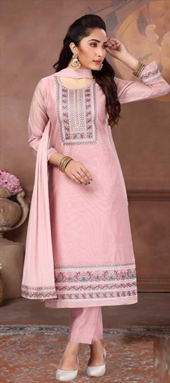 Festive, Party Wear Pink and Majenta color Salwar Kameez in Chanderi Silk fabric with Straight Embroidered, Sequence, Thread work : 1832127