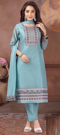 Festive, Party Wear Blue color Salwar Kameez in Chanderi Silk fabric with Straight Embroidered, Sequence, Thread work : 1832128
