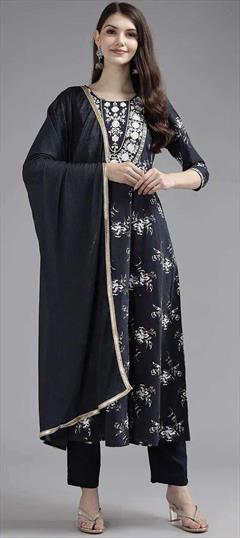 Party Wear Black and Grey color Salwar Kameez in Cotton fabric with A Line Embroidered work : 1833160