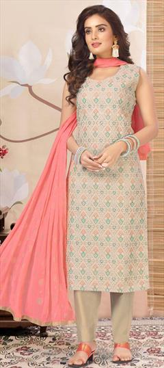 Festive, Mehendi Sangeet, Wedding Beige and Brown color Salwar Kameez in Silk fabric with Straight Resham, Sequence, Thread work : 1833681
