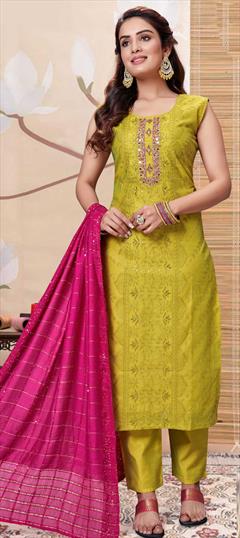 Festive, Party Wear, Reception Green color Salwar Kameez in Silk fabric with Straight Embroidered, Mirror, Resham, Sequence, Thread work : 1833984