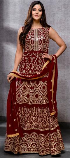 Festive, Mehendi Sangeet, Reception Red and Maroon color Salwar Kameez in Georgette fabric with Anarkali Embroidered, Thread, Zari work : 1834242