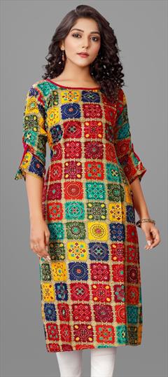 Casual Multicolor color Kurti in Rayon fabric with Long Sleeve, Straight Printed work : 1835225