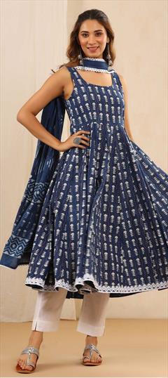 Casual, Festive Blue color Salwar Kameez in Cotton fabric with Anarkali Lace, Printed work : 1835386