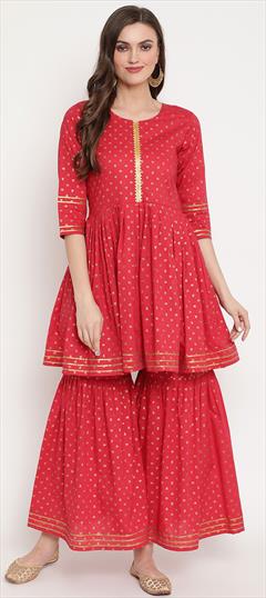Designer, Party Wear Red and Maroon color Tunic with Bottom in Cotton fabric with Printed work : 1836410
