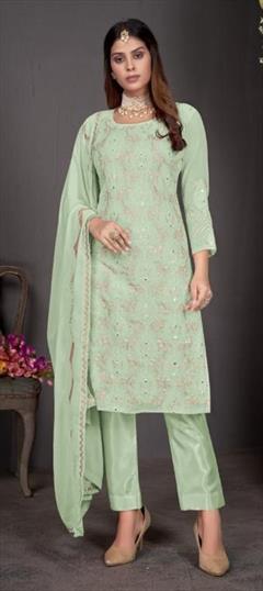 Party Wear Green color Salwar Kameez in Faux Georgette fabric with Straight Embroidered, Mirror work : 1836423