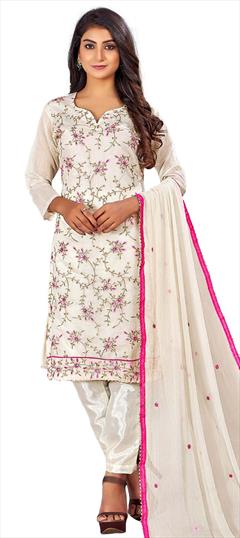 Festive, Party Wear White and Off White color Salwar Kameez in Chanderi Silk fabric with Straight Embroidered, Sequence, Thread work : 1836450