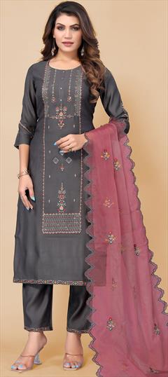 Festive, Party Wear Black and Grey color Salwar Kameez in Rayon fabric with Straight Embroidered, Thread work : 1836822