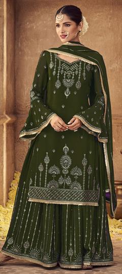 Festive, Party Wear Green color Salwar Kameez in Faux Georgette fabric with Palazzo Embroidered, Resham, Thread work : 1837301