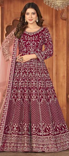 Reception Red and Maroon color Salwar Kameez in Velvet fabric with Anarkali Embroidered, Thread, Zari work : 1837366
