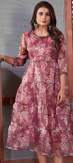 Party Wear Pink and Majenta color Kurti in Organza Silk, Silk fabric with Trendy Floral, Printed work : 1838906