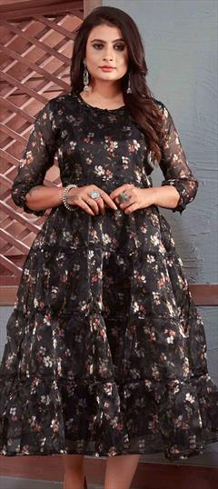 Party Wear Black and Grey color Kurti in Organza Silk, Silk fabric with Trendy Floral, Printed work : 1838910