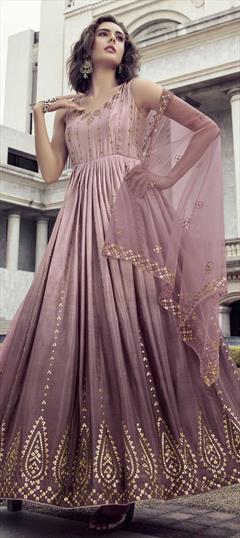 Festive, Reception Pink and Majenta color Gown in Art Silk fabric with Embroidered, Sequence, Thread work : 1841549
