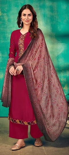 Festive, Party Wear Pink and Majenta color Salwar Kameez in Muslin fabric with Palazzo, Straight Embroidered, Printed, Thread work : 1843454