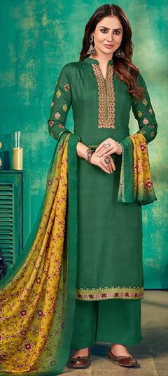 Festive, Party Wear Green color Salwar Kameez in Muslin fabric with Palazzo, Straight Embroidered, Printed, Thread work : 1843460