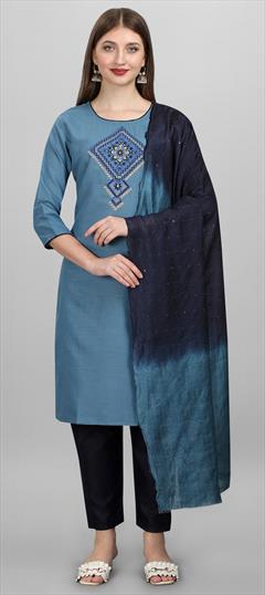 Festive, Party Wear Blue color Salwar Kameez in Cotton fabric with Straight Embroidered, Resham, Thread work : 1844363