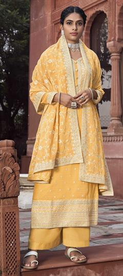 Festive, Reception Yellow color Salwar Kameez in Georgette fabric with Palazzo, Straight Embroidered, Sequence, Thread work : 1847597