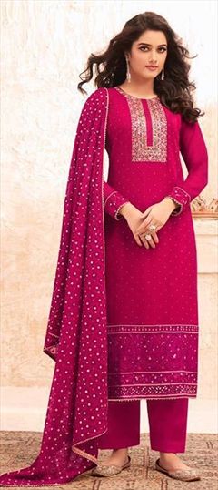 Mehendi Sangeet, Reception, Wedding Pink and Majenta color Salwar Kameez in Georgette fabric with Straight Embroidered, Zari work : 1847651