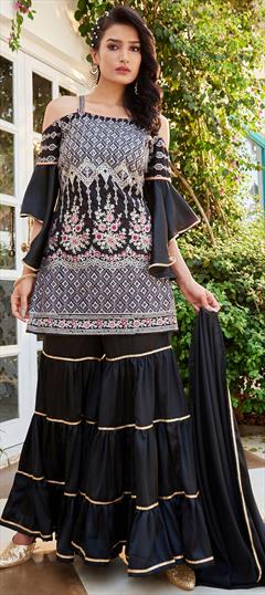 Designer, Party Wear Black and Grey color Salwar Kameez in Cotton fabric with Sharara Embroidered, Thread work : 1848971